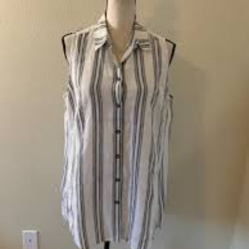 Chico's Black And White Striped Button Down 100%‎ Linen Blouse